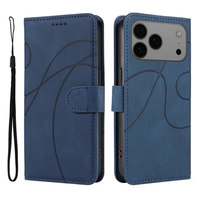 Portemonnee hoesje voor iPhone 17 Pro Max met lederen telefoonhoes en standaard met gebogen lijnontwerp - Blauw