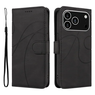 For iPhone 18 Pro / 17 Pro Wallet Case Leather Phone Cover Stand with Curved Line Design -  Black