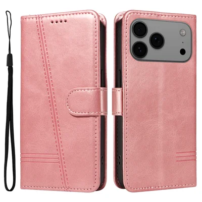 For iPhone 18 Pro Max / 17 Pro Max Wallet Case T-Shape Lines Leather Phone Cover Stand - Rose Gold
