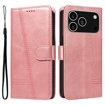 For iPhone 18 Pro / 17 Pro Wallet Case T-Shape Lines Leather Phone Cover Stand - Rose Gold