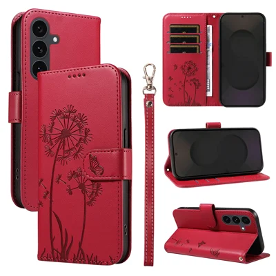 For Samsung Galaxy S25 FE Leather Wallet Case with Strap Dandelion Imprint Phone Stand Cover - Red