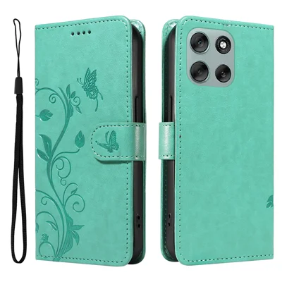 For Motorola Moto G56 5G PU Leather Cases Flower Pattern Wallet Stand Phone Cover with Strap - Green