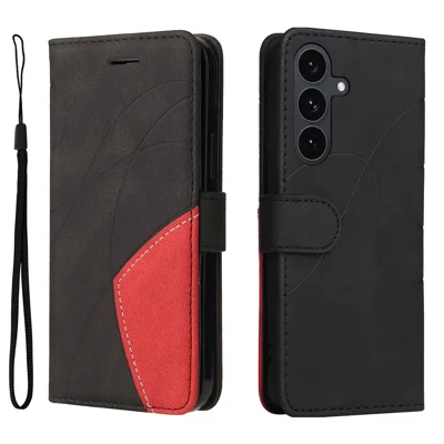 For Samsung Galaxy S25 FE Leather Phone Case Stand Wallet with Bi-colour Splicing Design - Black