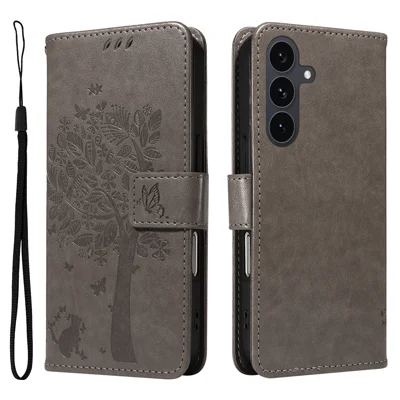Samsung Galaxy S25 FE hoesje met standaard Cat Tree patroon Lederen portemonnee mobiele hoes - Grijs