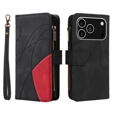 For iPhone 18 Pro / 17 Pro Leather Case with Strap Zipper 9 Card Slot Phone Cover Stand - Black
