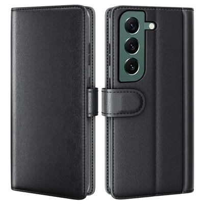 For Samsung Galaxy S23 Case Genuine Split Leather Phone Cover with Wallet Stand - Black