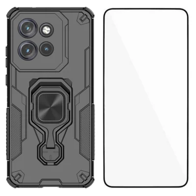WANLONFENG For Motorola Edge 60 Neo 5G / Edge 50 Neo 5G Phone Case  PC TPU Back Cover Kickstand with Tempered Glass - Black