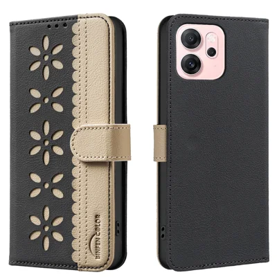 BINFEN COLOR For Oppo Reno14 F 5G Leather Case  BF36 Floral Pattern Phone Cover RFID Blocking Wallet Stand - Black