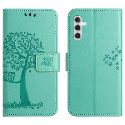 For Samsung Galaxy S25 FE Case PU Leather Owl Tree Imprinted Wallet Phone Cover with Strap - Cyan