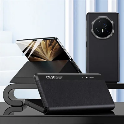 Voor Honor Magic V5 5G Hoesje Kijkvenster PU Leren Stand Smartphonehoes - Zwart
