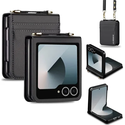 LC.IMEEKE L1-serie för Samsung Galaxy Z Flip7 5G hårddisk med kortplats Läder mobilhölse med axelrem / handledsrem - Svart