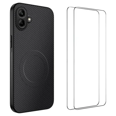 WANLONFENG TQ1 Series For Samsung Galaxy A08 4G / A07 4G Magnetic Case Carbon Fiber Texture PC TPU Phone Cover with 2Pcs Screen Films - Black