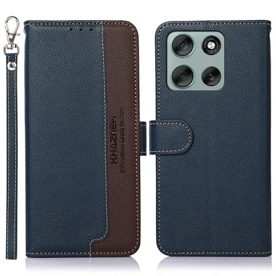 KHAZNEH For Motorola Moto G56 5G Case RFID Blocking Wallet Litchi Texture PU Leather Phone Cover with Strap - Blue