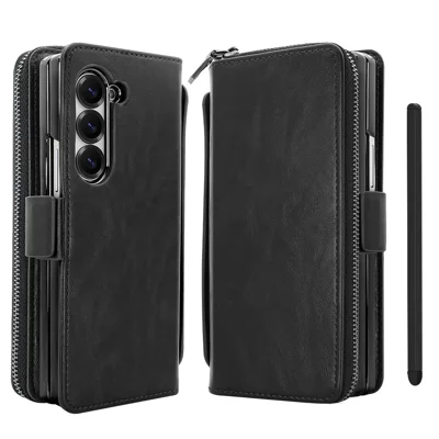 For Samsung Galaxy Z Fold5 5G Case Zipper Pocket Leather Phone Cover with Screen Protector / Stylus Pen - Black