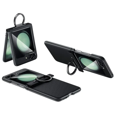 SULADA For Samsung Galaxy Z Flip5 5G Case with Ring Kickstand Magnetic Closure Leather PC Phone Cover Carbon Fiber Texture - Black