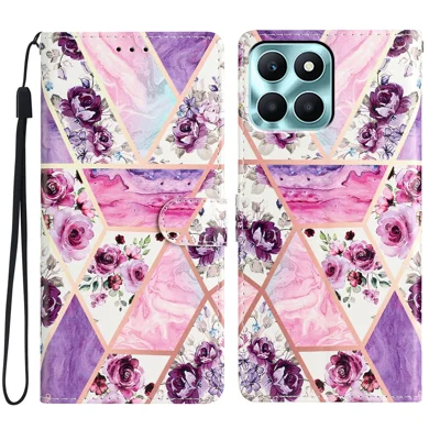 For Honor X6c 4G Wallet Case PU Leather Pattern Printing Stand Phone Cover with Strap - Purple Flowers