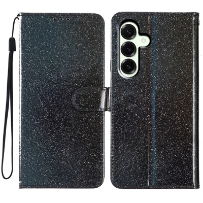 For Samsung Galaxy M36 5G Wallet Case Glitter Anti-Scratch Leather Stand Phone Cover with Strap - Black