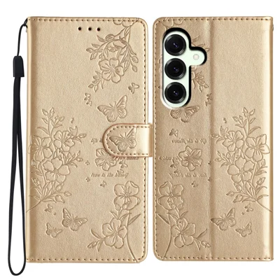 For Samsung Galaxy M36 5G Wallet Phone Case Butterfly Floral Imprint Leather Flip Cover with Strap - Gold