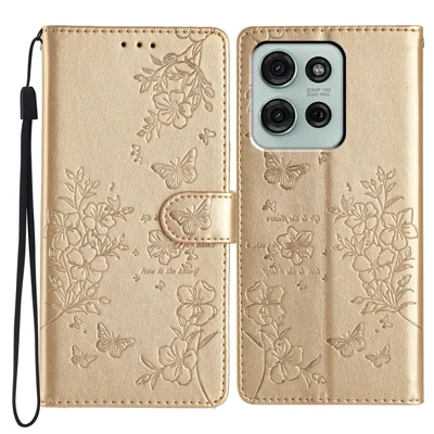 For Motorola Moto G86 5G Wallet Phone Case Butterfly Floral Imprint Leather Flip Cover with Strap - Gold