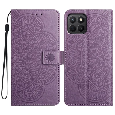 For Honor X6c 4G Leather Case with Card Slots Mandala Pattern Phone Cover Stand - Purple