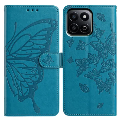 For Honor X6c 4G Case Butterfly Imprinted Wallet Stand PU Leather Flip Phone Cover with Strap - Blue