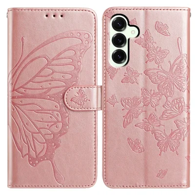 For Samsung Galaxy M36 5G Case Butterfly Imprinted Wallet Stand PU Leather Flip Phone Cover with Strap - Rose Gold
