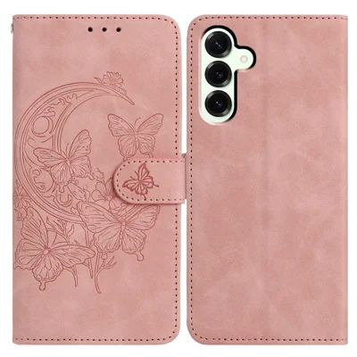 For Samsung Galaxy M36 5G Case Butterfly Flower Imprinted PU Leather Wallet Stand Phone Cover - Rose Gold