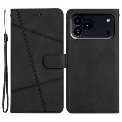 For iPhone 18 Pro / 17 Pro Wallet Case Line Imprinted Skin-Touch Leather Flip Phone Cover - Black