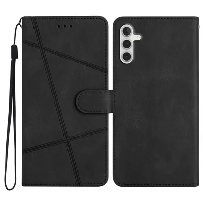 For Samsung Galaxy M36 5G Wallet Case Line Imprinted Skin-Touch Leather Flip Phone Cover - Black