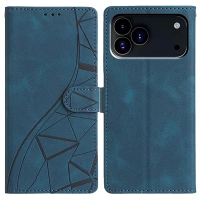 For iPhone 17 Pro Max Case Wallet Stand Imprinted Triangle Pattern Leather Phone Flip Cover - Blauw
