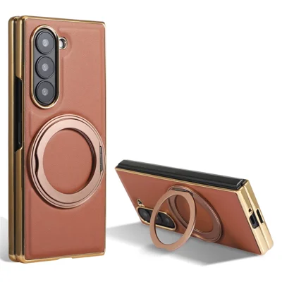 For Samsung Galaxy Z Fold6 5G Magnetic Case with Rotating Kickstand Nappa Texture PU TPU PC Phone Back Cover - Brown