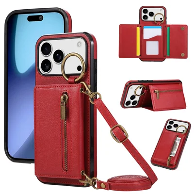 For iPhone 18 Pro Max / 17 Pro Max Leather Back Cover Zipper Wallet Kickstand Phone Case with Shoulder Strap - Red