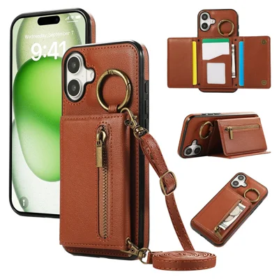 For iPhone 17 Leather Back Cover Zipper Wallet Kickstand Phone Case with Shoulder Strap - Brown