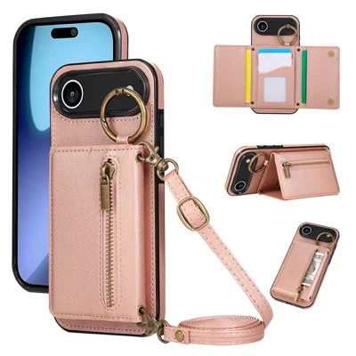 For iPhone Air Leather Back Cover Zipper Wallet Kickstand Phone Case with Shoulder Strap - Pink