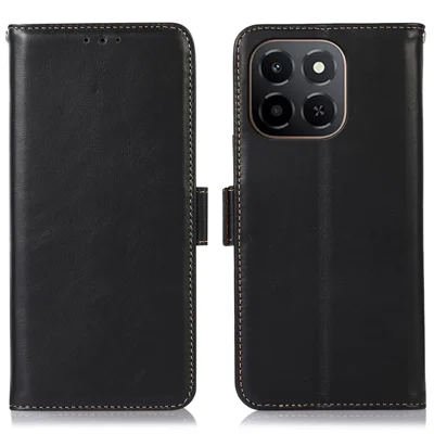 For Honor X6c 4G Case RFID Blocking Genuine Cow Leather Wallet Phone Cover - Black