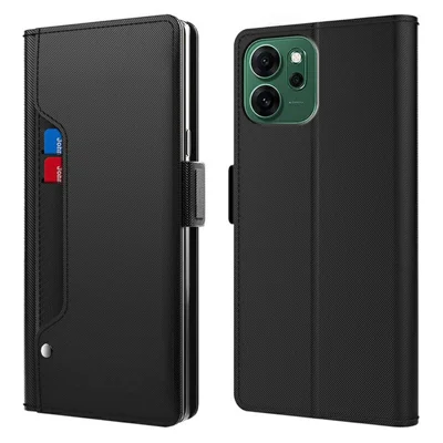 غطاء لهاتف Oppo Reno14 F 5G بتصميم حامل وجلد PU مع حامل بطاقات ومراية - أسود