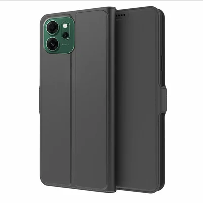 جراب لهاتف Oppo Reno14 F 5G مقاوم للصدمات مع هيكل داخلي من مادة TPU وغطاء خارجي من الجلد وفتحة لوضع البطاقات - أسود