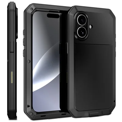 For iPhone 17 Case Silicone + Metal Phone Cover with Tempered Glass Screen Protector - Black