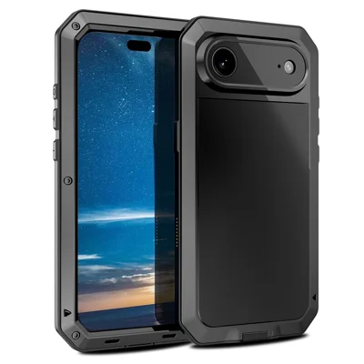 For iPhone Air Case Silicone + Metal Phone Cover with Tempered Glass Screen Protector - Black