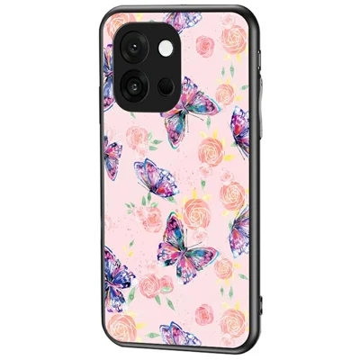 For OnePlus 13T 5G Case Sommerfuglmønster TPU + Hårdet Glas Beskyttelsesdæksel - Rose Sommerfugl
