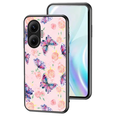 For Xiaomi Poco F7 5G / Redmi Turbo 4 Pro 5G Case Butterfly Pattern TPU + Tempered Glass Protective Phone Cover - Rose Butterfly