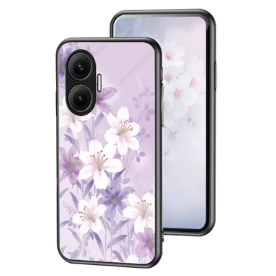 For Xiaomi Poco F7 5G / Redmi Turbo 4 Pro 5G Case Floral Pattern TPU + Tempered Glass Protective Phone Cover - Purple Magnolia