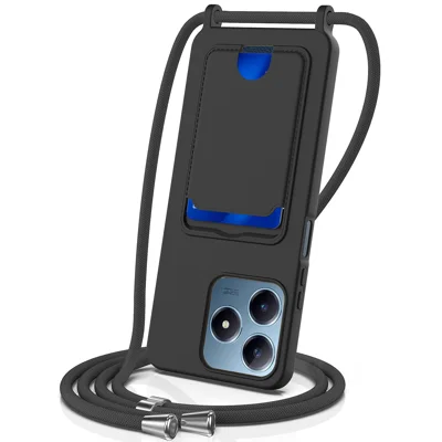For Realme Note 60x 4G / C63 4G / C61 4G / C61 (India) 4G / Narzo N63 4G / Note 60 Case Liquid Silicone Card Holder Back Cover with Lanyard - Black