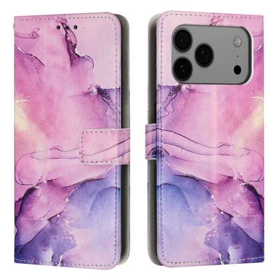 For iPhone 17 Pro Max Stand Case Marmorstil PU Læder Wallet Phone Cover - Lilla