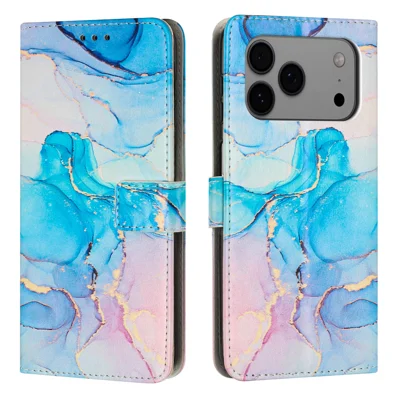 For iPhone 18 Pro Max / 17 Pro Max Stand Case Marble Pattern PU Leather Wallet Phone Cover - Pink / Green