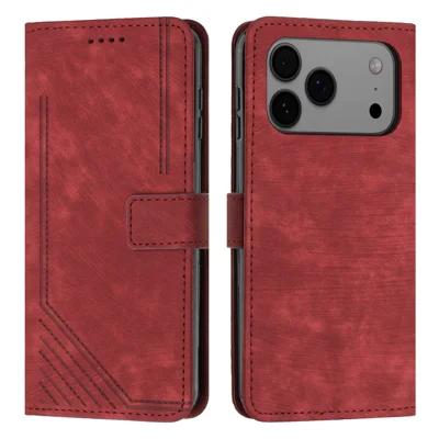 For iPhone 18 Pro Max / 17 Pro Max Stand Case Imprinted Lines Leather Phone Cover - Red