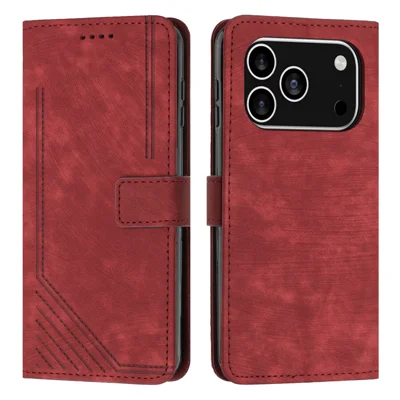 For iPhone 18 Pro / 17 Pro Stand Case Imprinted Lines Leather Phone Cover - Red