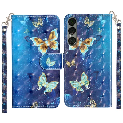For Sony Xperia 1 VII Wallet Case 3D Pattern Printed Leather Phone Cover with Strap - Blue Gold Butterflies