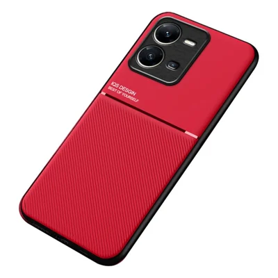 Cellphone Case for vivo V25 5G, Anti-collision Lines Imprinted PU Leather+TPU Hybrid Shell with Built-in Metal Sheet - Red
