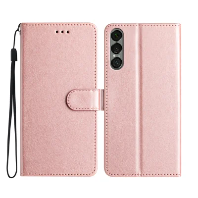 Etui portfelik na Sony Xperia 1 VII, skórzane etui z folią, magnes - różowe złoto